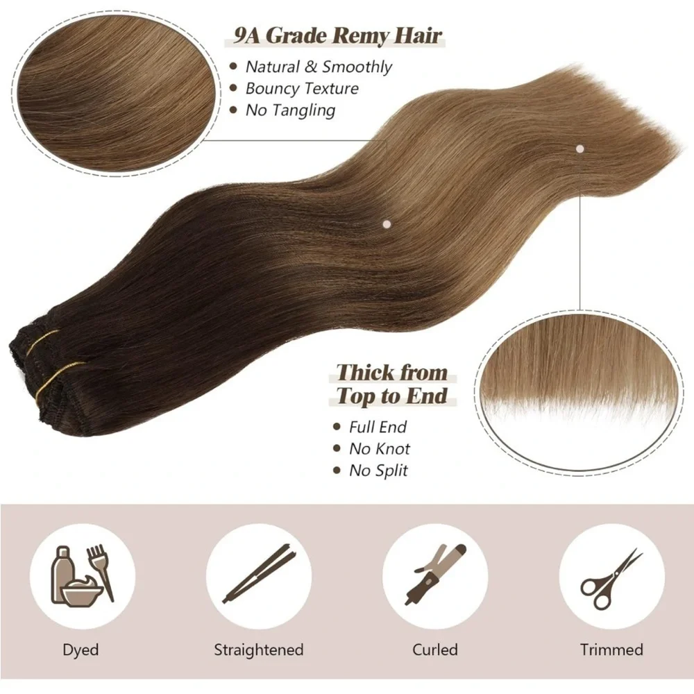 FESHFEN Clip in Human Hair Extensions color 1B 7 PCS 16 in 110g NWT